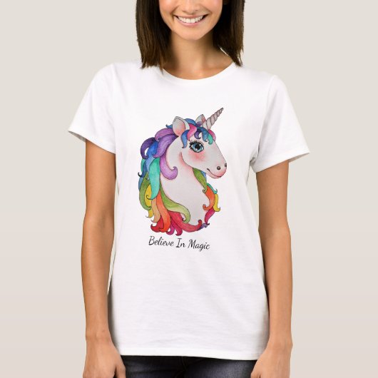 Waterverf Unicorn met regenbooghaar T-shirt (Voorkant)