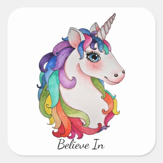 Waterverf Unicorn met regenbooghaar Vierkante Sticker (Voorkant)