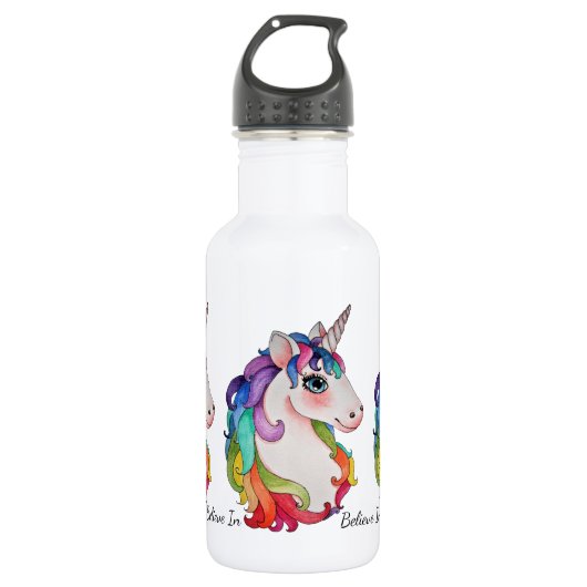 Waterverf Unicorn met regenbooghaar Waterfles (Voorkant)