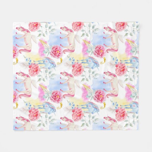 Waterverf Unicorn & Pegasus Patroon Fleece Deken (Voorkant (Horizontaal))