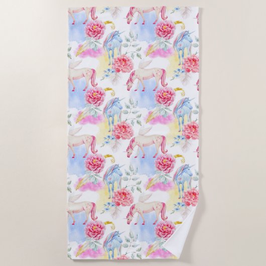 Waterverf Unicorn & Pegasus Patroon Strandlaken (Voorkant)