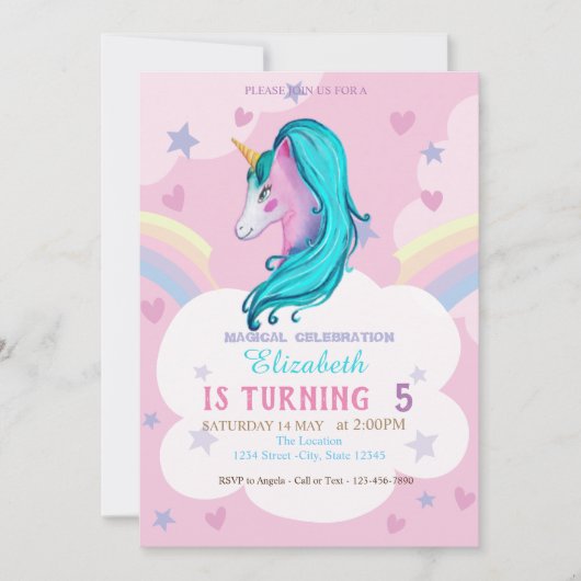 Waterverf Unicorn Rainbow Stars Hearts Birthday Kaart (Voorkant)