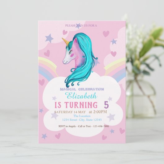 Waterverf Unicorn Rainbow Stars Hearts Birthday Kaart (Staand voorkant)