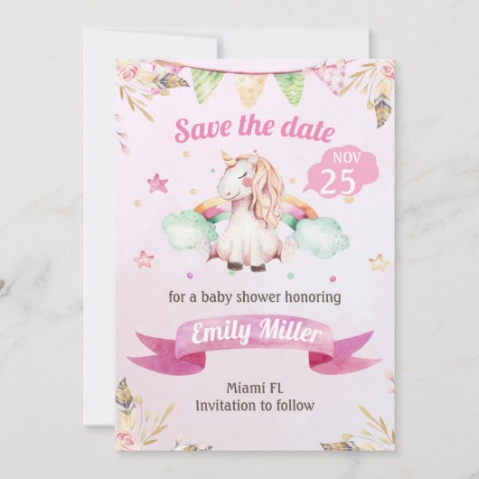 Waterverf Unicorn Roze sparen de Datum Save The Date (Voorkant)