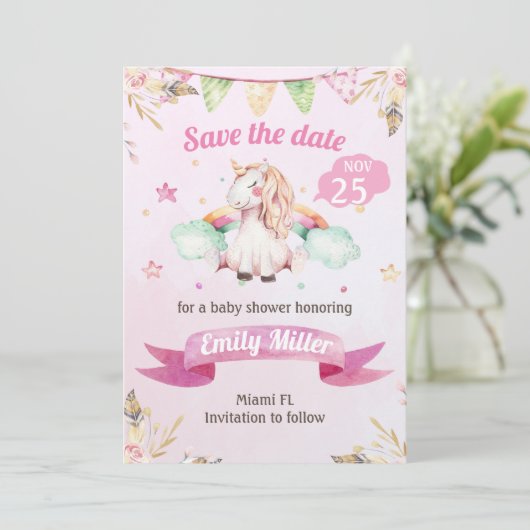 Waterverf Unicorn Roze sparen de Datum Save The Date (Staand voorkant)