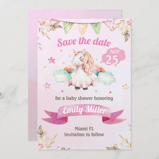 Waterverf Unicorn Roze sparen de Datum Save The Date (Voorkant / Achterkant)