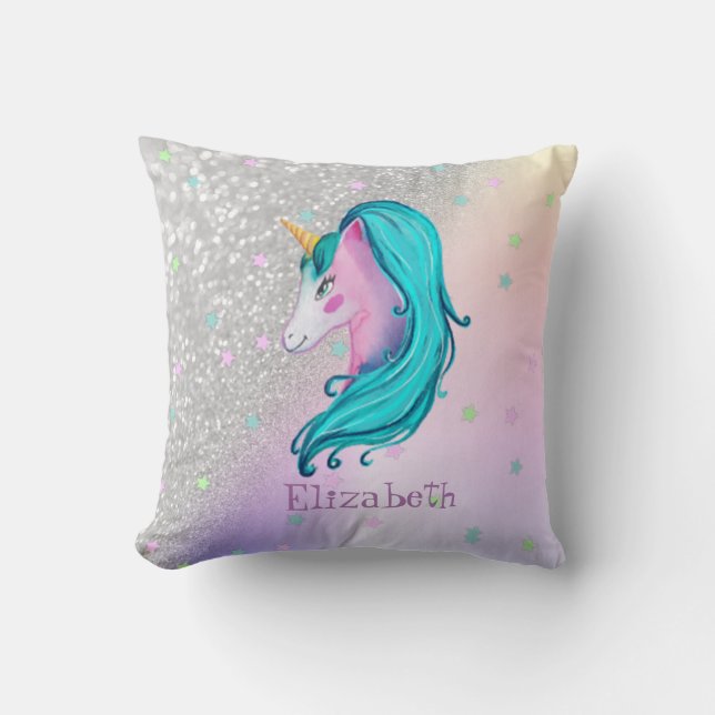 Waterverf Unicorn, Stars, Silver Glitter Bokeh Kussen (Voorkant)