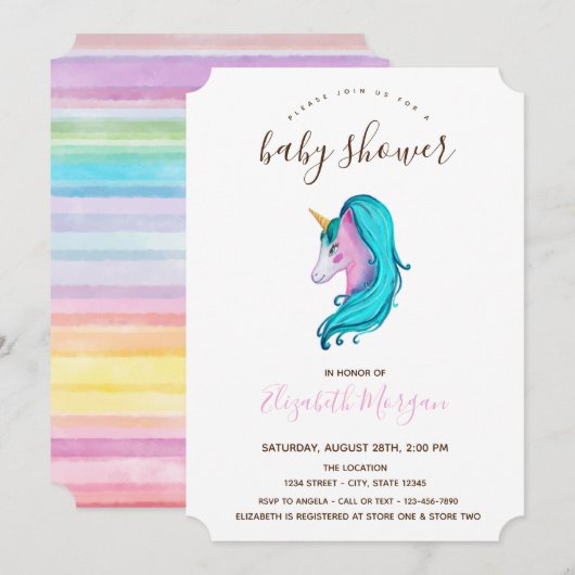 Waterverf Unicorn Striped Baby shower Kaart (Voorkant / Achterkant)