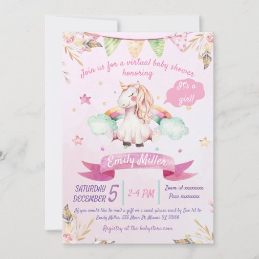 Waterverf Unicorn - Virtuele Baby shower Kaart (Voorkant)