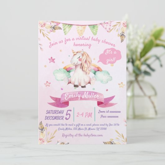 Waterverf Unicorn - Virtuele Baby shower Kaart (Staand voorkant)