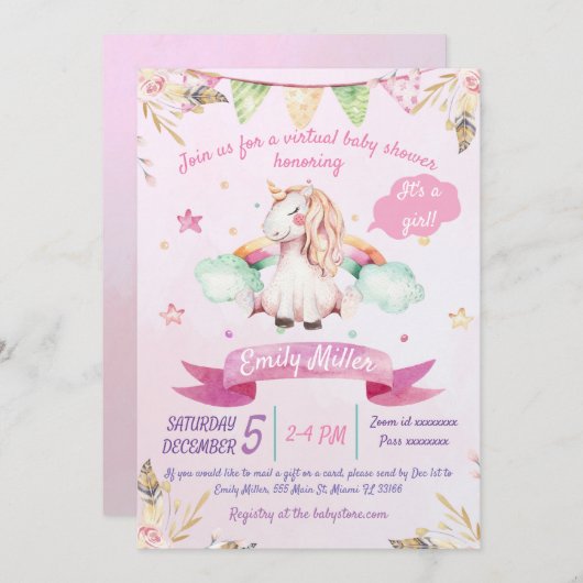 Waterverf Unicorn - Virtuele Baby shower Kaart (Voorkant / Achterkant)