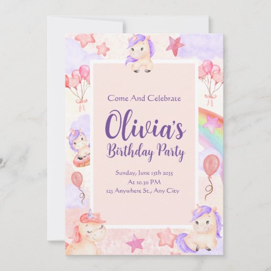 Waterverf Unicorns regenboogballonnen Roze verjaar Kaart (Voorkant)