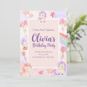 Waterverf Unicorns regenboogballonnen Roze verjaar Kaart (Staand voorkant)