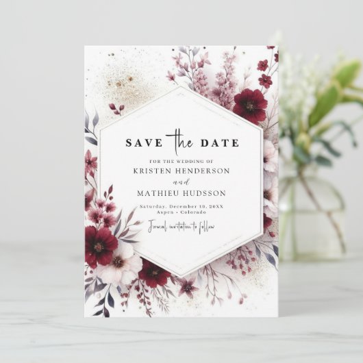 Waterverf Unieke Bourgondische bruiloft Save The Date (Staand voorkant)