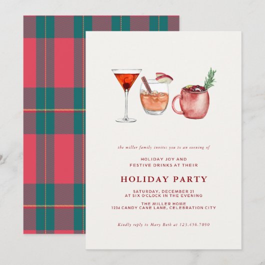 Waterverf Vakantie Cocktail Kerstfeest Uitnodigen Kaart (Voorkant / Achterkant)