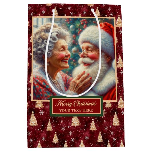 Waterverf Vakantie Gift Bag Santa & Mrs Claus Medium Cadeauzakje (Voorkant)