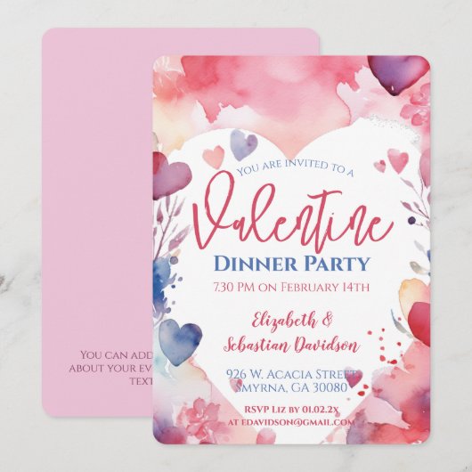 Waterverf Valentijn Dinner Party Uitnodiging (Voorkant / Achterkant)