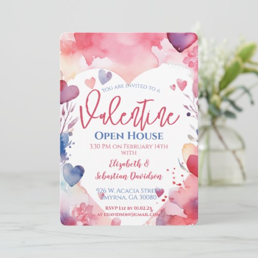 Waterverf Valentijn Open Huis Party Uitnodiging (Staand voorkant)