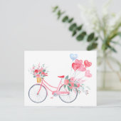 Waterverf valentijn Roze fiets en Hartballonnen Feestdagenkaart (Staand voorkant)