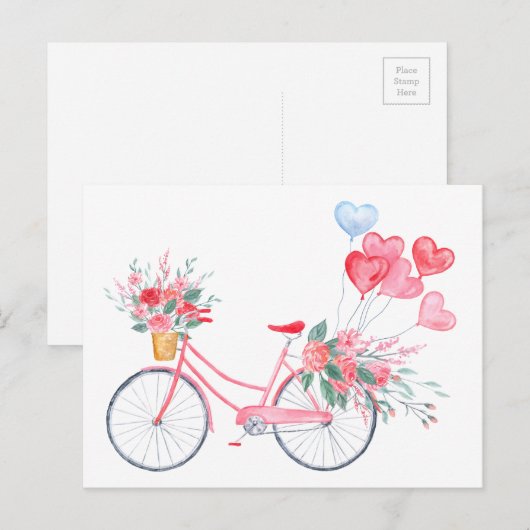 Waterverf valentijn Roze fiets en Hartballonnen Feestdagenkaart (Voorkant / Achterkant)