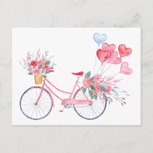 Waterverf valentijn Roze fiets en Hartballonnen Feestdagenkaart