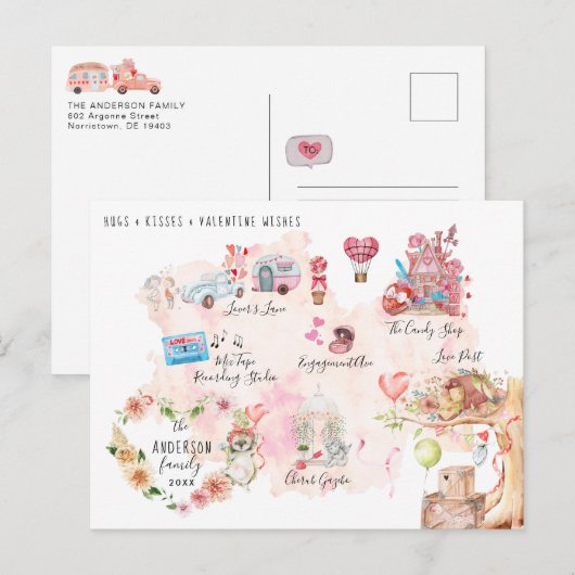 Waterverf Valentijn Village Map | Illustratie Briefkaart (Voorkant / Achterkant)