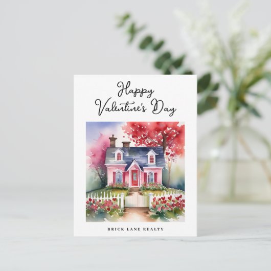 Waterverf Valentijnsdag Huis Onroerend goed Feestdagenkaart (Staand voorkant)