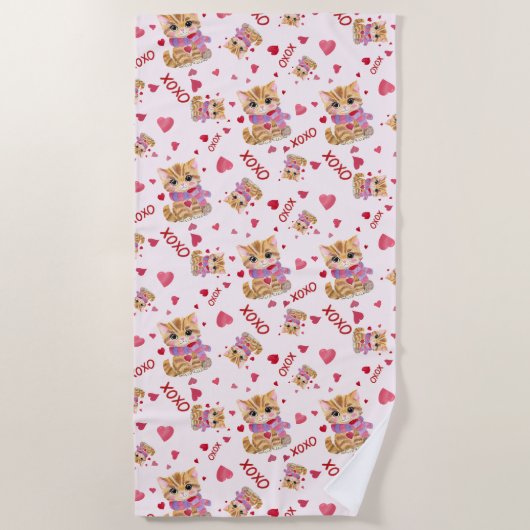 Waterverf Valentijnsdag Kat XOXO Pattern Strandlaken (Voorkant)