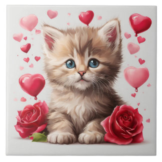 Waterverf Valentijnsdag Kitten met Rozen Tegeltje