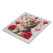 Waterverf Valentijnsdag Kitten met Rozen Tegeltje (Zijkant)