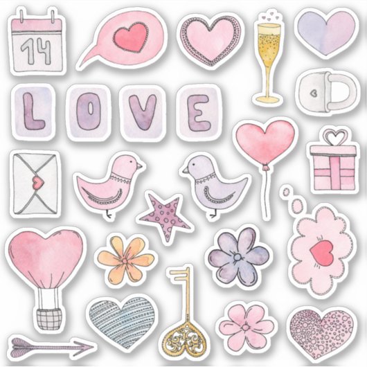 Waterverf Valentijnsdag. Liefs, roze harten Sticker (Voorkant)