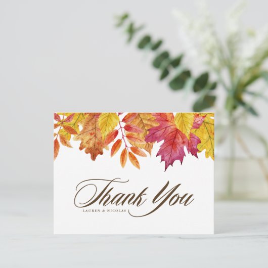Waterverf vallende bladeren herfst bruiloft dank u briefkaart (Staand voorkant)