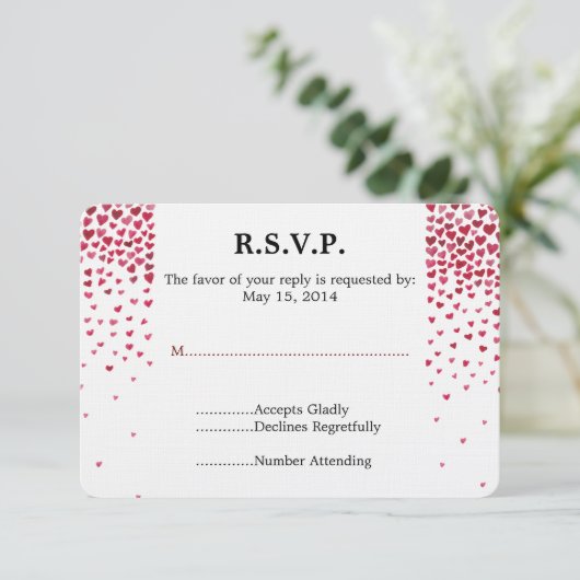 Waterverf Vallende Harten Bruiloft RSVP Kaartje (Staand voorkant)