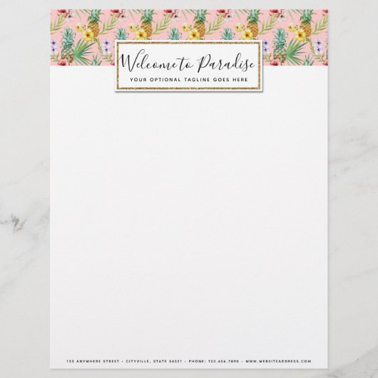 Waterverf van ananas en Hibiscus Flowers Tropisch Briefhoofd (Voorkant)