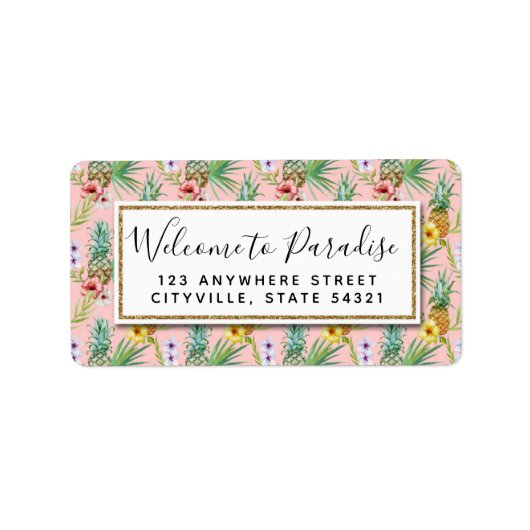 Waterverf van ananas en Hibiscus Flowers Tropisch Etiket (Voorkant)