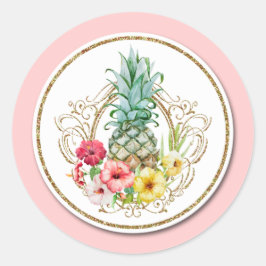 Waterverf van ananas en Hibiscus Flowers Tropisch Ronde Sticker