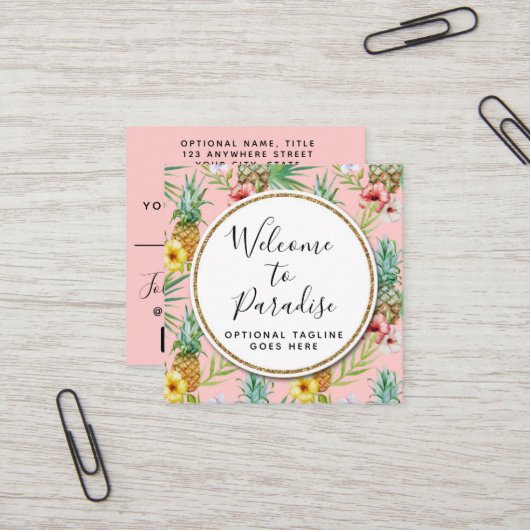 Waterverf van ananas en Hibiscus Flowers Tropisch Vierkante Visitekaartje (Voorkant / Achterkant in situ)