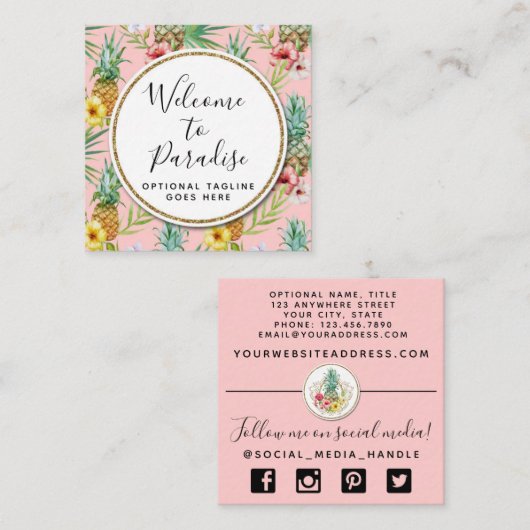 Waterverf van ananas en Hibiscus Flowers Tropisch Vierkante Visitekaartje (Voorkant / Achterkant)