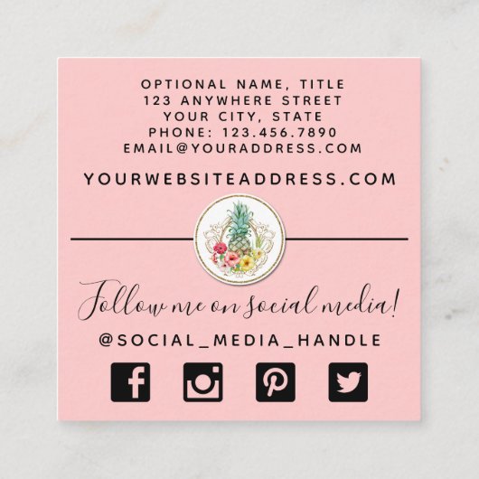 Waterverf van ananas en Hibiscus Flowers Tropisch Vierkante Visitekaartje (Achterkant)