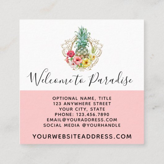 Waterverf van ananas en Hibiscus Flowers Tropisch Vierkante Visitekaartje (Achterkant)