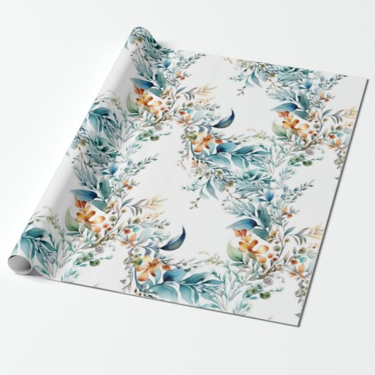Waterverf van Aqua en Rust Foliage Wrapping Paper Cadeaupapier (Uitgerold)