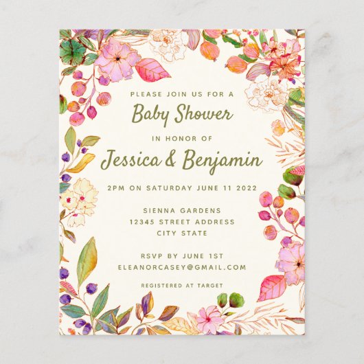 Waterverf van begrotingspost Floral Baby shower Ui (Voorkant)