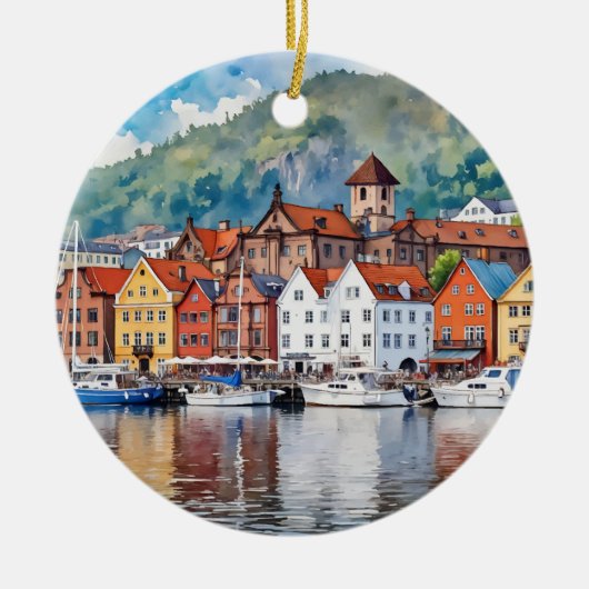 Waterverf van Bergen-Noorwegen Keramisch Ornament (Voorkant)