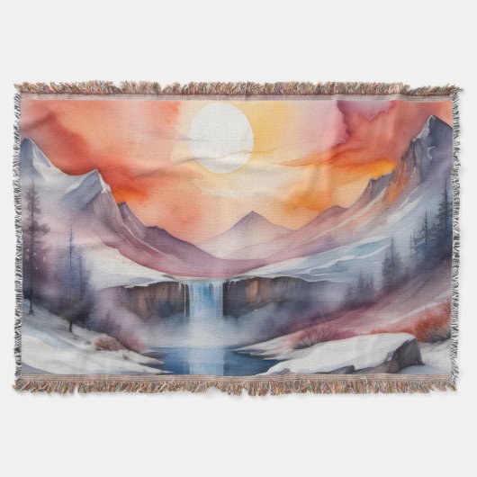 Waterverf van besneeuwde bergen onder zonsondergan deken (Voorkant)