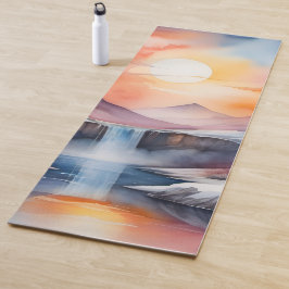 Waterverf van besneeuwde bergen onder zonsondergan yogamat