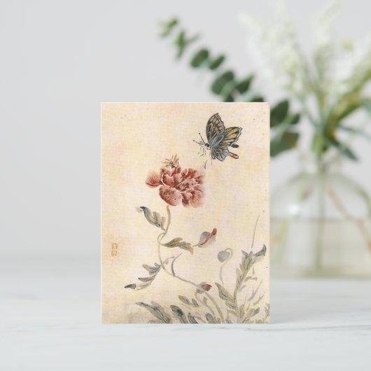 Waterverf van  bijen, vlinder en papaver briefkaart (Staand voorkant)