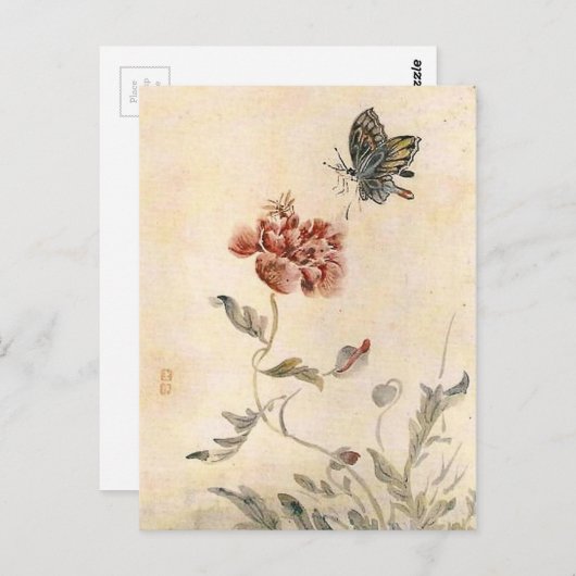 Waterverf van  bijen, vlinder en papaver briefkaart (Voorkant / Achterkant)