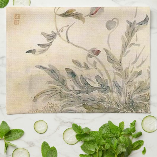 Waterverf van  bijen, vlinder en papaver theedoek (Gevouwen)