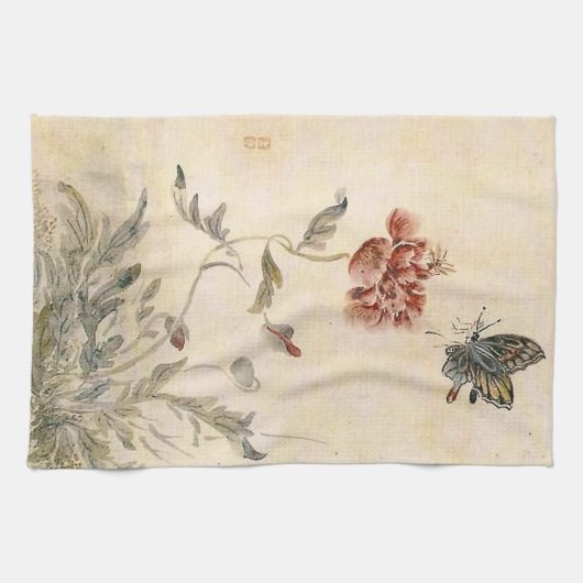 Waterverf van bijen, vlinder en papaver theedoek (Horizontaal)