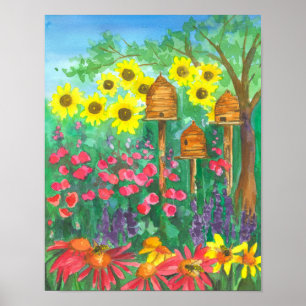 Waterverf van bijenkep Coneflower Garden Sunflower Poster